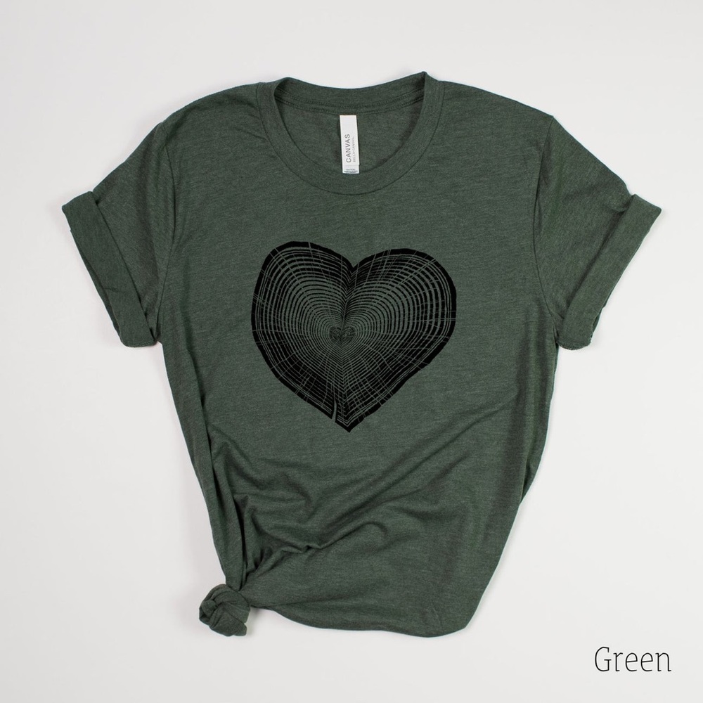 208 TEES Olive Green Tree Trunk Heart Short Sleeve Tee Boho Nature T-Shirt